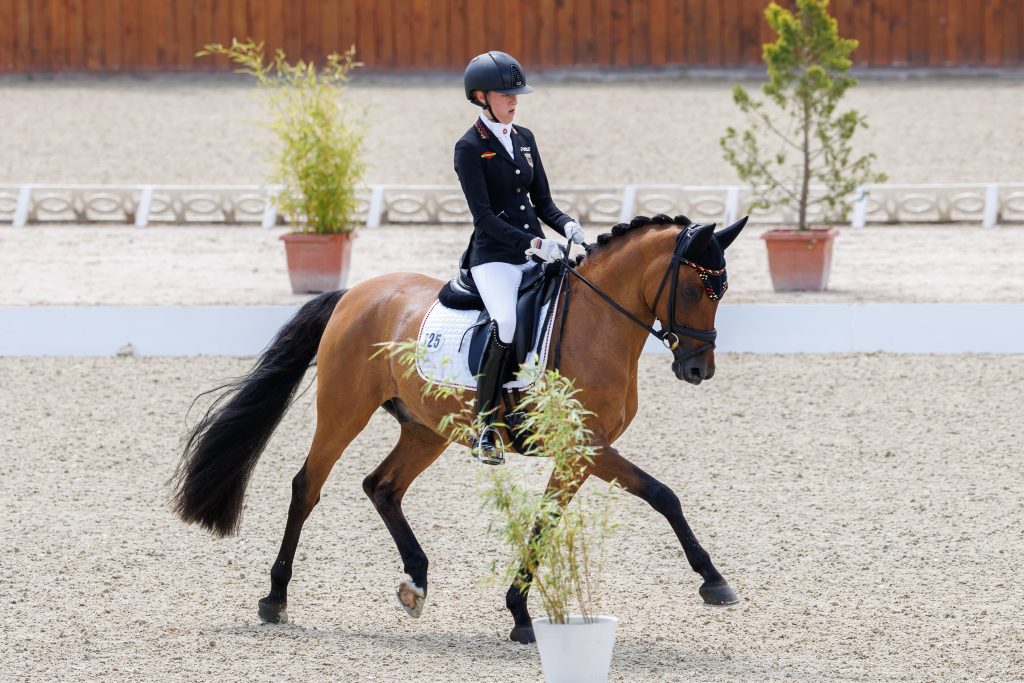 Maya Victoria Irene Wächter und Nasdaq FH liegen nach Teil eins der Einzelwertung auf Goldkurs bei der Pony-EM Dressur 2025. Foto: FEI/Libby Law Photography