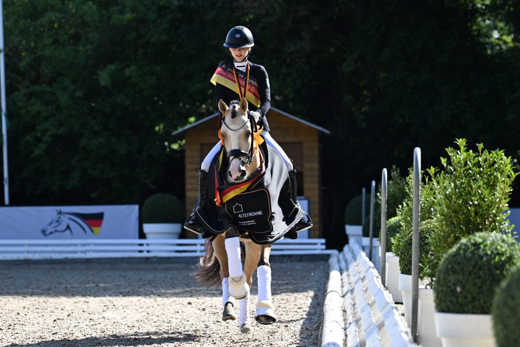 Krönte sich zum Bundeschampion der fünfjährigen Dressurponys: D'uplo B NRW unter Pauline Kesting. (Foto: Nilkens)