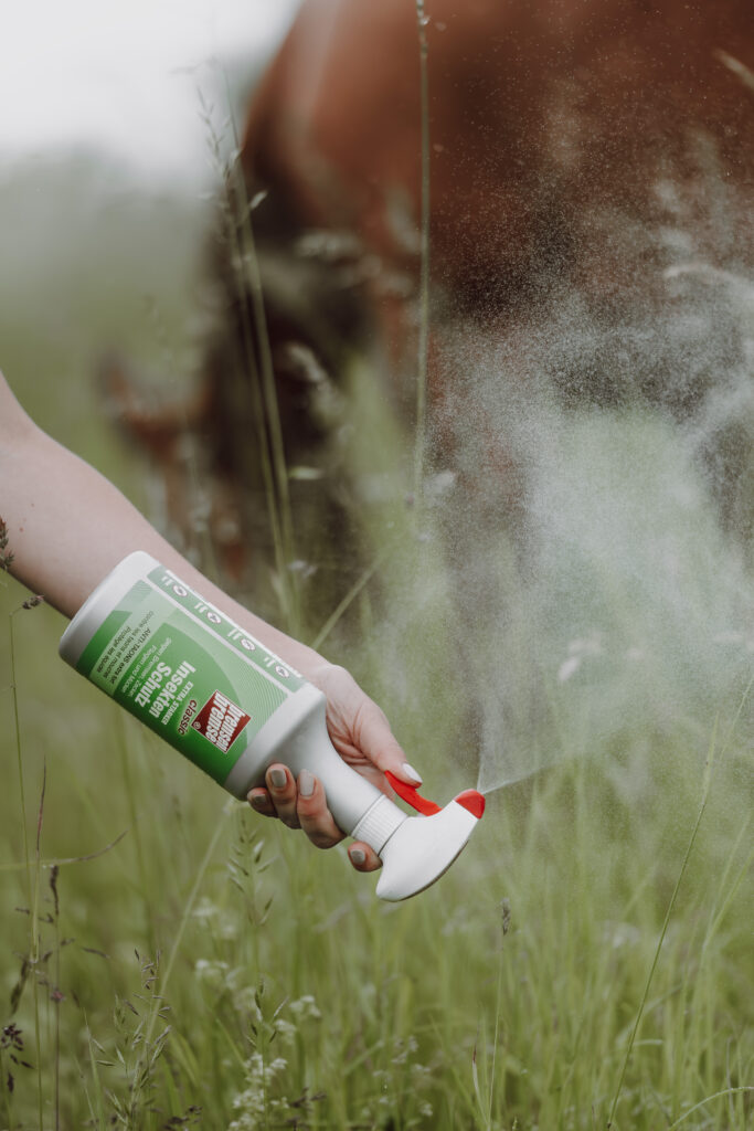 Mit einer Flasche, die über Kopf sprüht, klappt auch die Anwendung unter dem Pferdebauch problemlos. Foto: MM-Cosmetic