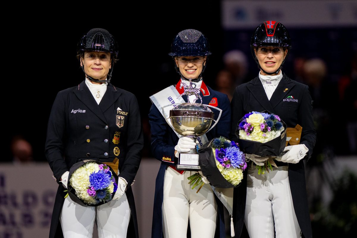 Die top drei des Weltcup-Finales der Dressurreiter 2025: Siegerin Charlotte Fry, Isabell Werth und Isabel Freese