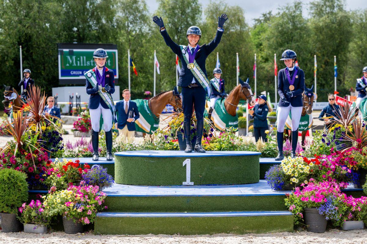 Individual Gold Medalist Calvin Bockmann (GER) and Altair de la CenseIndividual Silver Medalist - Cerys Macaulay (GBR) and KananaskisIndividual Bronze Medalist - Olivia Dutton (USA) and JewelentFEI Eventing World Championship U25 2026, on Sunday 26th July 2026.Photo Credit: FEI/Benjamin Clark