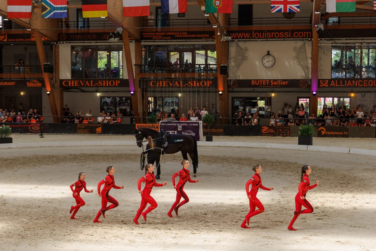 Germany Junior Squad: Vaulters: 1) Jana Dullmann 2) Lina Altindagoglu 3) Antonia Paulick 4) Mira Lehnen 5) Mona Mertens 6) Evamarie Groner. Lunger: Ines Nawroth. Horse: Calidor 10. The Junior Squads Round 1 Free Test. 2026 FEI European Championship for Junior and Young Vaulters | Le Mans. Pôle Européen du Cheval, Le Mans, France. Friday 31 July 2026. Copyright Photo: FEI / Libby Law Photography