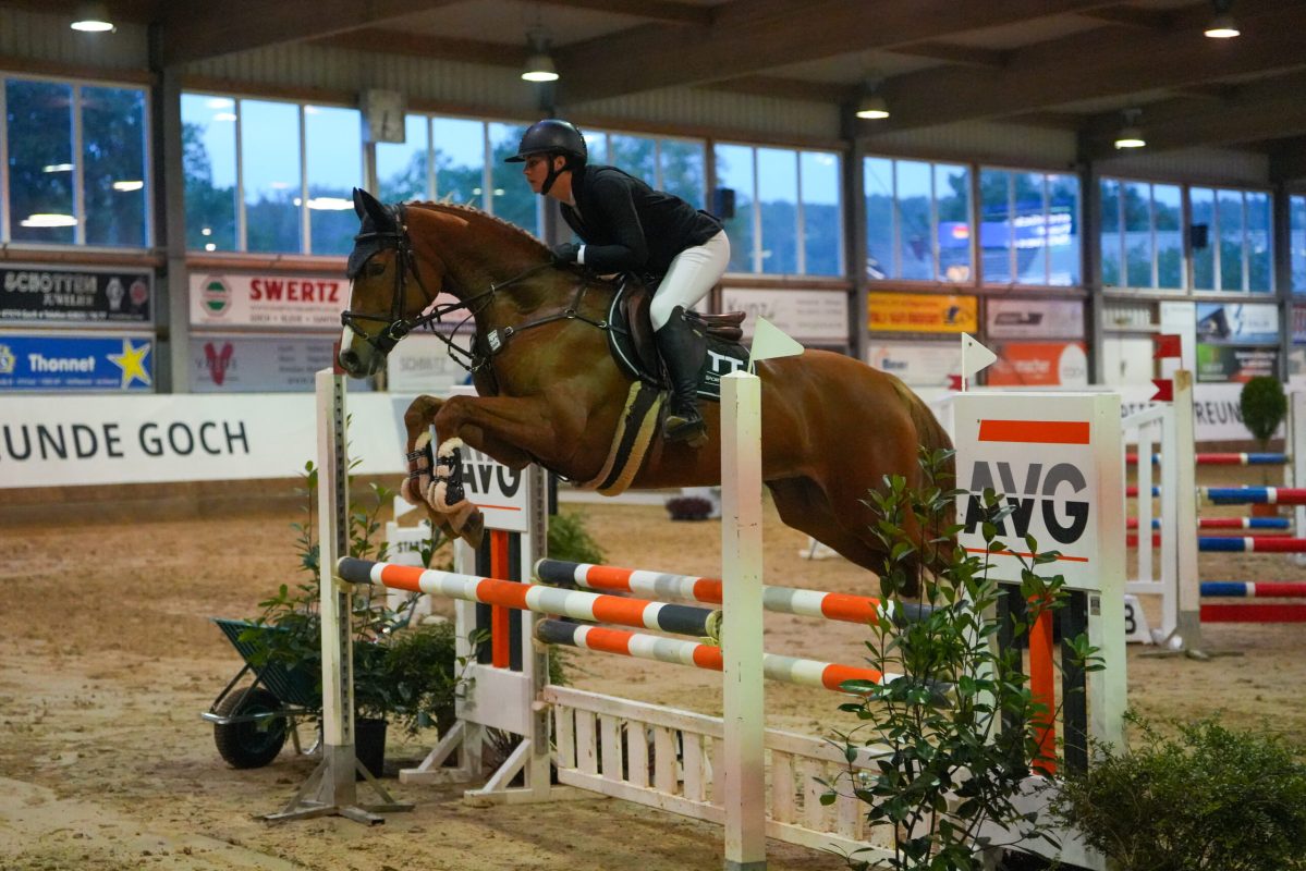 Helena Schlickum und Chacalia M gewannen die erste Abteilung der zweiten Qualifikation für das Finale im Stübben Indoor Cup 2026/27 in Goch. Foto: Lisa van Bebber