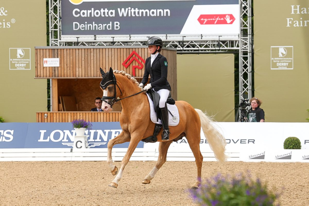 Carlotta Wittmann mit Deinhard B im Finale des Deutschen Pony-Derbys mit Ponywechsel. Foto: Rebecca Thamm