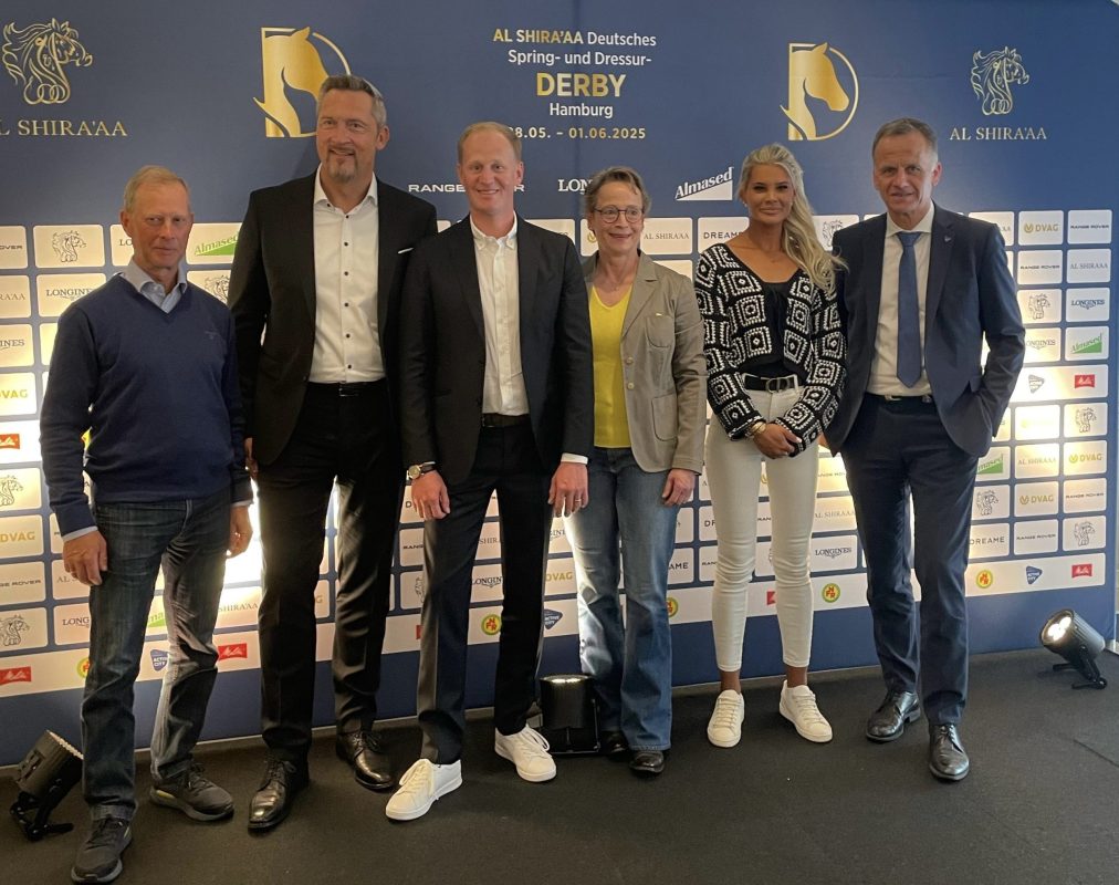 Von links:  Rolf-Göran Bengtsson, Matthias Rensch (CEO Melitta), Matthias Alexander Rath (Veranstalter), Isabell Werth, Kristina Anrecht (Anrecht-Inverstment) und Christoph Holstein (Staatsrat Sport Hamburg). Foto: PM